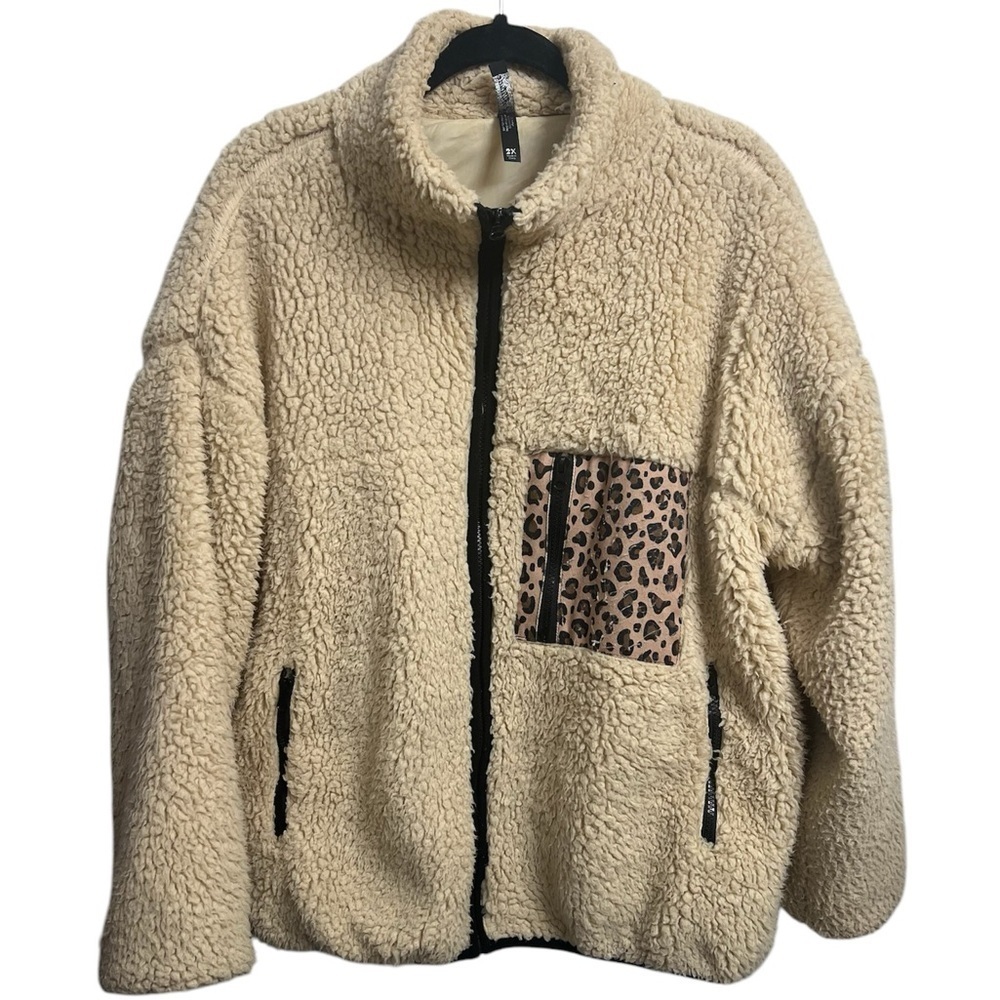 Cool Attitude Beige Leopard Mix Plush Sherpa Full Zip Teddy Fleece Jacket sz 2X